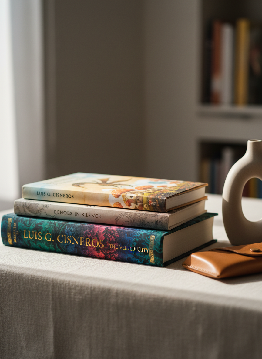 A close, cinematic photograph of a neat stack of three books by Luis G. Cisneros: a richly textured literary novel with deep jewel-toned cover, a slender matte poetry volume in muted neutrals, and a slightly larger, warmly colored children’s book featuring soft, imaginative artwork without text. They rest on a linen-covered table beside a subtle ceramic sculpture and a single reading glass case. Gentle morning light streams through an unseen window, creating delicate highlights along the book spines and soft bokeh in the distant background of shelving and neutral walls. Captured from a low, oblique angle with shallow depth of field in photographic realism, the image feels curated, elegant, and intimate, ideal for showcasing an author’s range of genres.