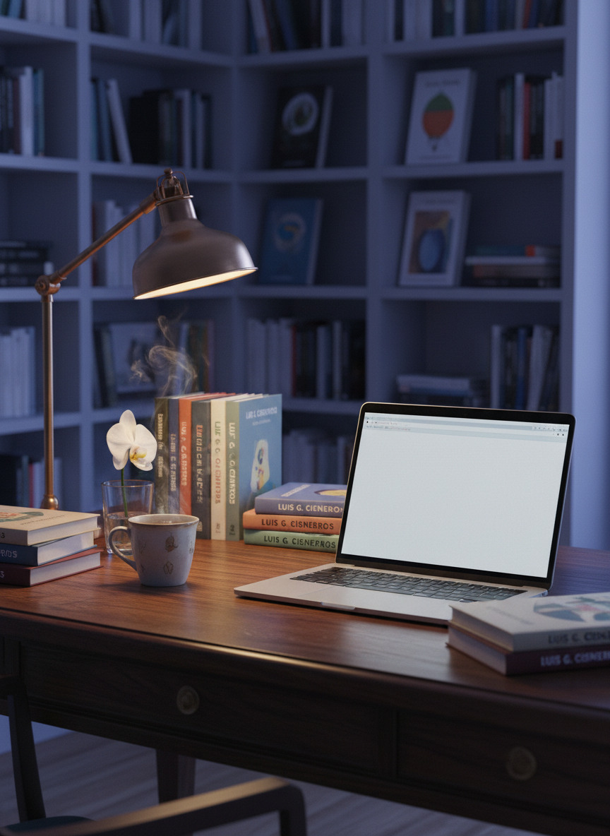 A meticulously arranged author’s writing corner centered on a sleek, open laptop displaying a blank document, surrounded by a tidy spread of hardcover novels, poetry collections, and colorful but understated children’s books by Luis G. Cisneros. The desk is dark oak, with a ceramic mug of tea, a small vase containing a single white flower, and a classic metal desk lamp. Warm, diffused lamp light blends with soft evening ambient light, creating a gentle, moody glow and subtle reflections on the laptop’s surface. Shot in photographic realism at eye level with rule-of-thirds composition, the background softly fades into a wall of organized books and framed, textless cover art. The atmosphere is focused, professional, and quietly inspiring, ideal for a blog or “About the Author” section.